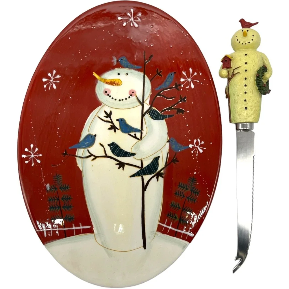 New MARY BETH BAXTER Twilight‎ Snowman Cheese Tray Plate And Knife Bluebirds